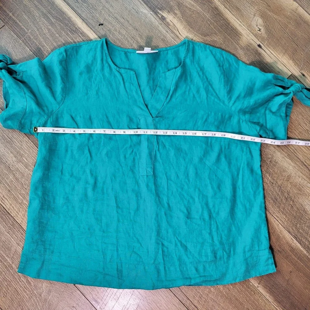 Charter Club Luxury Teal Green 100% Linen Split Neck Tie Sleeve Top Large